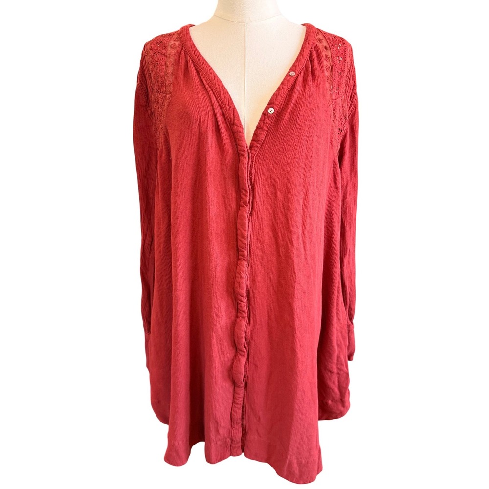 Free People Brick Red Eyelet Lace Button Front Tunic Top Dress Womens Medium